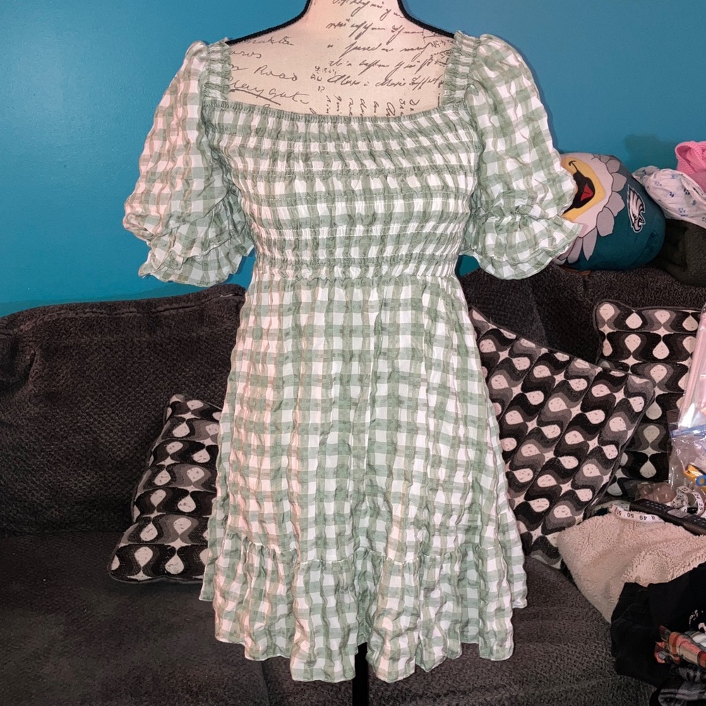 Princess Polly Adelio Green Plaid Puff Sleeve Mini Dress, Size 0